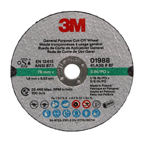 3M 01988 General Purpose Cut Off Wheel, Aluminum Oxide, Black, 3 in x 1/16 in x 3/8 in (7100229881) (50 Pack)