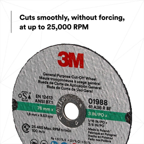 3M 01988 General Purpose Cut Off Wheel, Aluminum Oxide, Black, 3 in x 1/16 in x 3/8 in (7100229881) (50 Pack) - 3