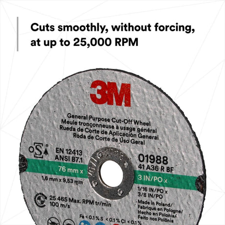 3M 01988 General Purpose Cut Off Wheel, Aluminum Oxide, Black, 3 in x 1/16 in x 3/8 in (7100229881) (50 Pack) - 3