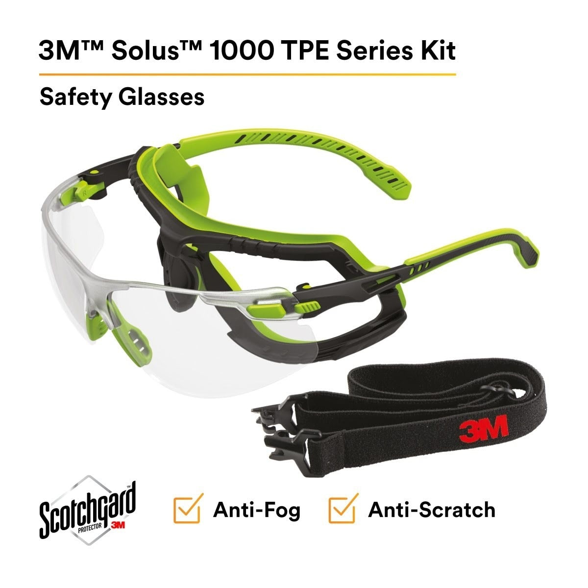 3M S1201SGAF-TKT Solus Safety Glasses Anti Fog Clear Lens Green Black Frame with Gasket and Strap (7100233038)  - (20 Pack) - 2
