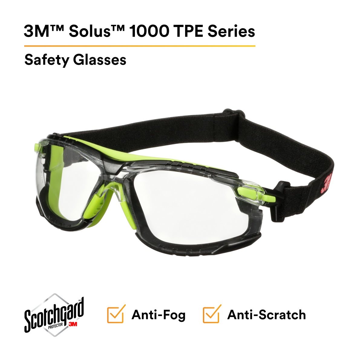3M S1201SGAF-TSKT Solus 1000 Series Safety Glasses, Green/Black, Scotchgard Anti-Fog Coating, Clear Lens, TPE Gasket and Strap (7100234544)  - (20 Pack) - 2