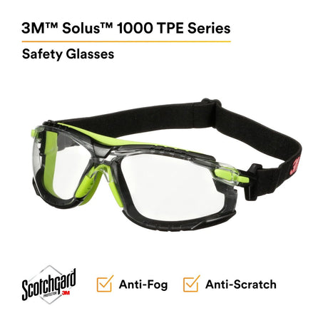 3M S1201SGAF-TSKT Solus 1000 Series Safety Glasses, Green/Black, Scotchgard Anti-Fog Coating, Clear Lens, TPE Gasket and Strap (7100234544)  - (20 Pack) - 2
