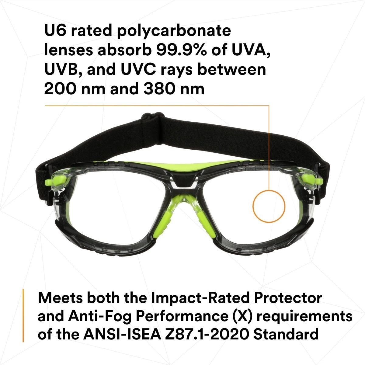 3M S1201SGAF-TSKT Solus 1000 Series Safety Glasses, Green/Black, Scotchgard Anti-Fog Coating, Clear Lens, TPE Gasket and Strap (7100234544)  - (20 Pack) - 6