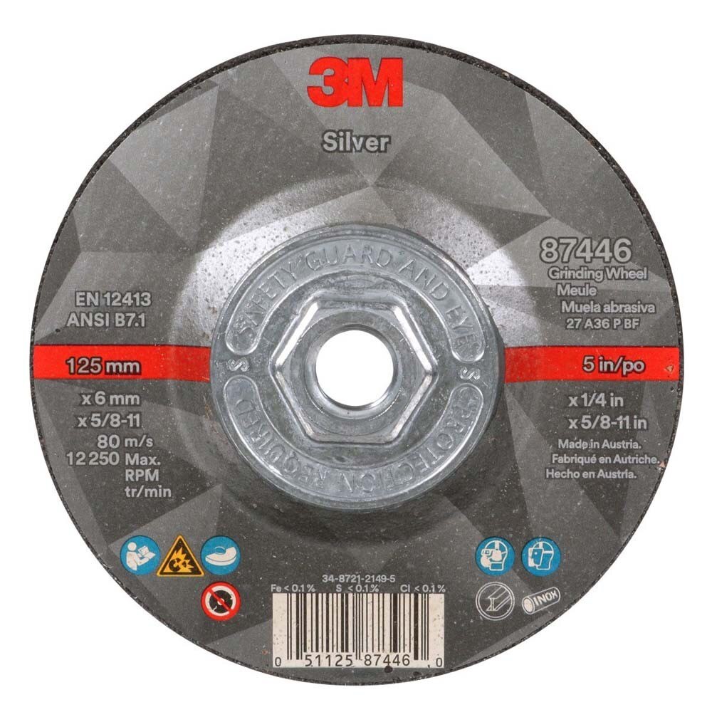 3M 87446 Silver Depressed Center Grinding Wheel, 36+, T27 Quick Change, 5 in x 1/4 in x 5/8 in-11 (7100245020) (10 Pack)