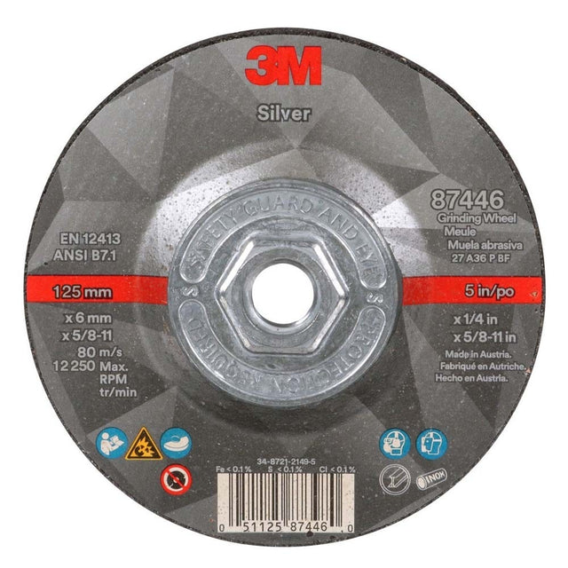 3M 87446 Silver Depressed Center Grinding Wheel, 36+, T27 Quick Change, 5 in x 1/4 in x 5/8 in-11 (7100245020) (20 Pack)