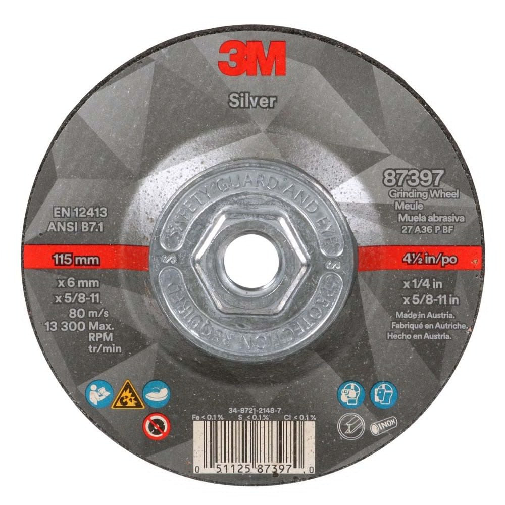 3M 87397 Silver Depressed Center Grinding Wheel, 36+, T27 Quick Change, 4.5 in x 1/4 in x 5/8 in-11 (7100245024) (10 Pack)