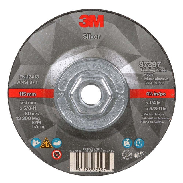 3M 87397 Silver Depressed Center Grinding Wheel, 36+, T27 Quick Change, 4.5 in x 1/4 in x 5/8 in-11 (7100245024) (20 Pack)