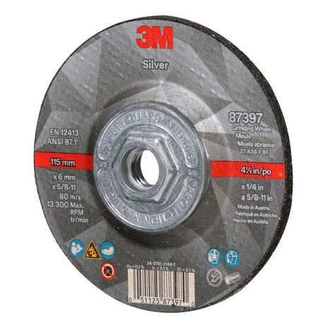 3M 87397 Silver Depressed Center Grinding Wheel, 36+, T27 Quick Change, 4.5 in x 1/4 in x 5/8 in-11 (7100245024) (20 Pack) - 3
