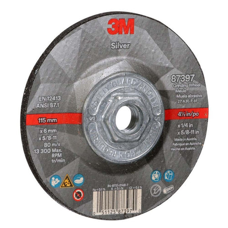 3M 87397 Silver Depressed Center Grinding Wheel, 36+, T27 Quick Change, 4.5 in x 1/4 in x 5/8 in-11 (7100245024) (20 Pack) - 4