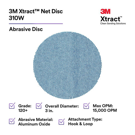 3M 310W Xtract Net Disc, 120+, Blue, 3 in x NH, Die 300V, Hook and Loop (7100247099) (500 Pack) - 3
