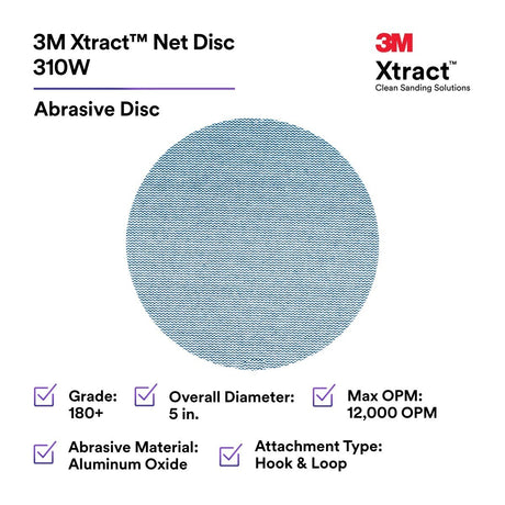 3M 310W Xtract Hookit Net Disc, 180+, Blue, 5 in x NH, Die 500X, for Metal Wood Composites (7100247523) (500 Pack) - 2