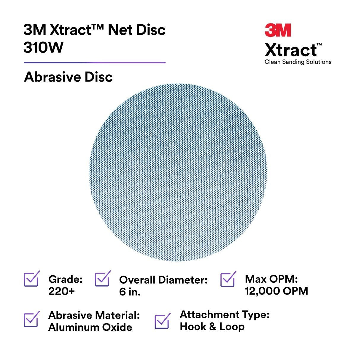 3M 310W Xtract Clean Sanding Net Disc, 220+, Blue, 6 in x NH, Die 600Z, Hook & Loop for Metal, Wood, Composites, Stock Removal, Fine Finishing (7100247525) (500 Pack) - 2