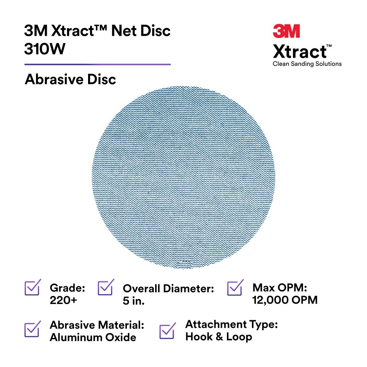 3M 310W Xtract Clean Sanding Net Disc, 220+, 5 in x NH, Die 500X, Hook & Loop, Blue (7100247526) (500 Pack) - 2