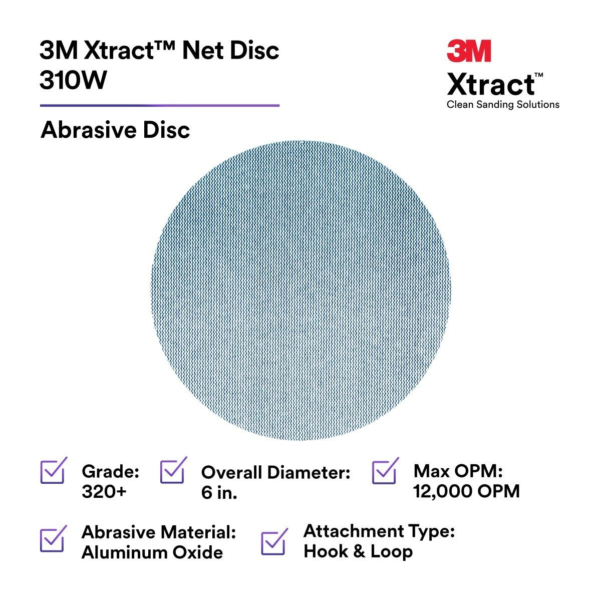 3M 310W Xtract Hookit Clean Sanding Net Disc, 320+, Blue, 6 in x NH, Die 600Z (7100247533) (500 Pack) - 2