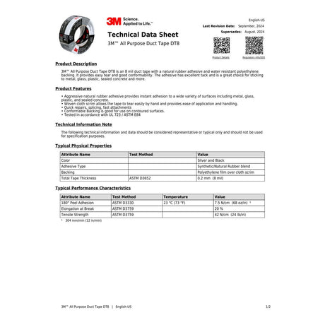 3M DT8 All Purpose Duct Tape, Black, 1-7/8 in x 60 yd, 8 mil (7100253082) (24 Pack) - 5
