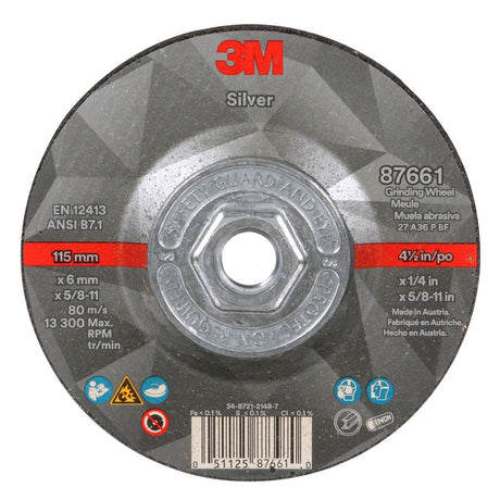 3M Silver Depressed Center Grinding Wheel, 36+, T27 Quick Change, Black, 4.5 in x 1/4 in x 5/8-11 (87661) (7100256472)  - (10Pack)
