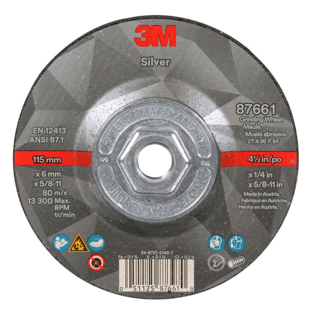 3M Silver Depressed Center Grinding Wheel, 36+, T27 Quick Change, Black, 4.5 in x 1/4 in x 5/8-11 (87661) (7100256472)  - (10Pack)
