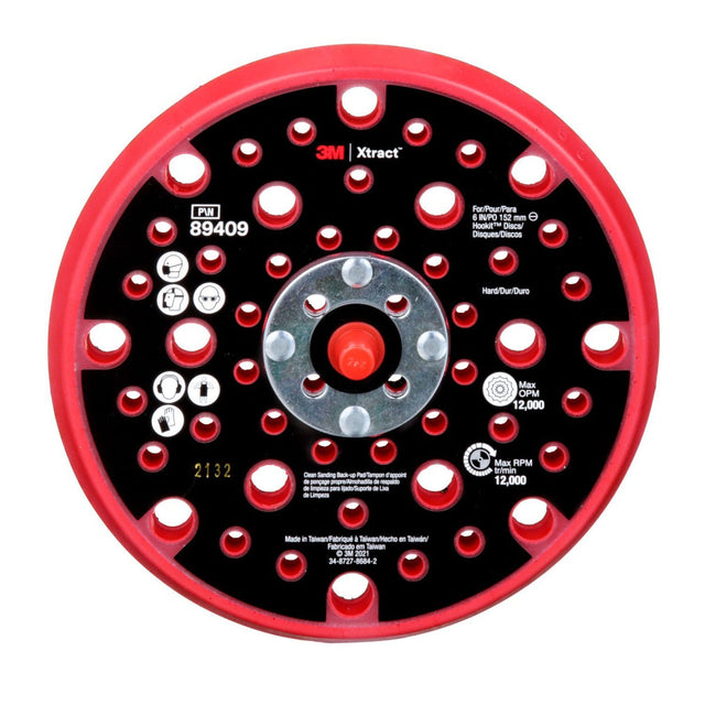 3M Xtract Hookit Clean Sanding Back-up Pad, 6 in, Hard, Red, 49 Holes, 5/16-24 EXT, Max 12000 RPM OPM (89409) (7100270476)  - (10Pack)
