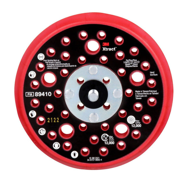 3M Xtract Hookit Hook and Loop Sanding Disc Backup Pad, Hard, Red, 5 in, 44 Holes, Low Profile, Max 12000 RPM OPM, 5/16-24 EXT (89410) (7100273463)  - (10Pack)