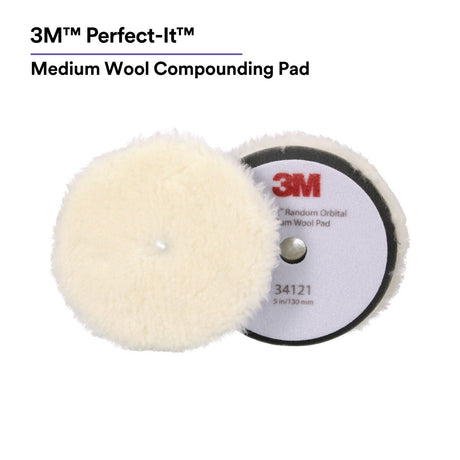 3M 34121 Hookit Random Orbital Medium Wool Compounding Pad, White, 5 in x 130 mm (7100276848) (12 Pack) - 5