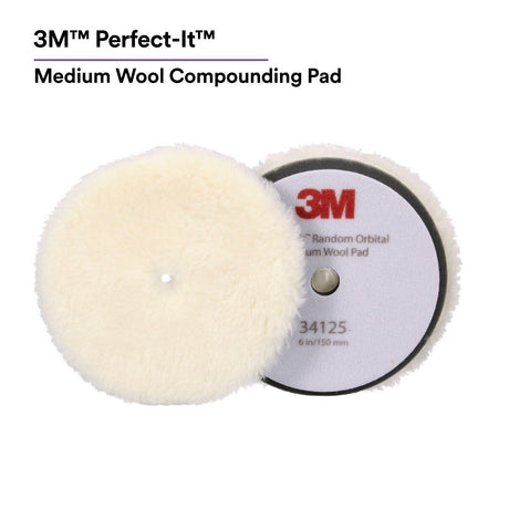 3M 34125 Hookit Random Orbital Medium Wool Compounding Pad, White, 6 in (150 mm) (7100276850) (12 Pack) - 5