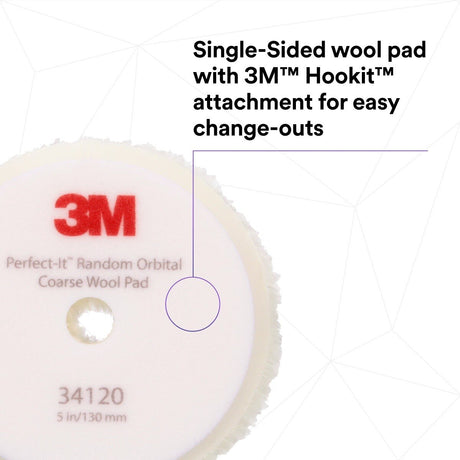 3M 34120 Hookit Random Orbital Coarse Wool Compounding Pads, White, 5 in x 130 mm (7100276851) (12 Pack) - 9