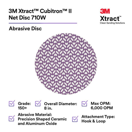 3M 710W Cubitron II Net Disc, 150+, Purple, 8 in x NH, Die 800L, Hook & Loop (7100287463) (300 Pack) - 3
