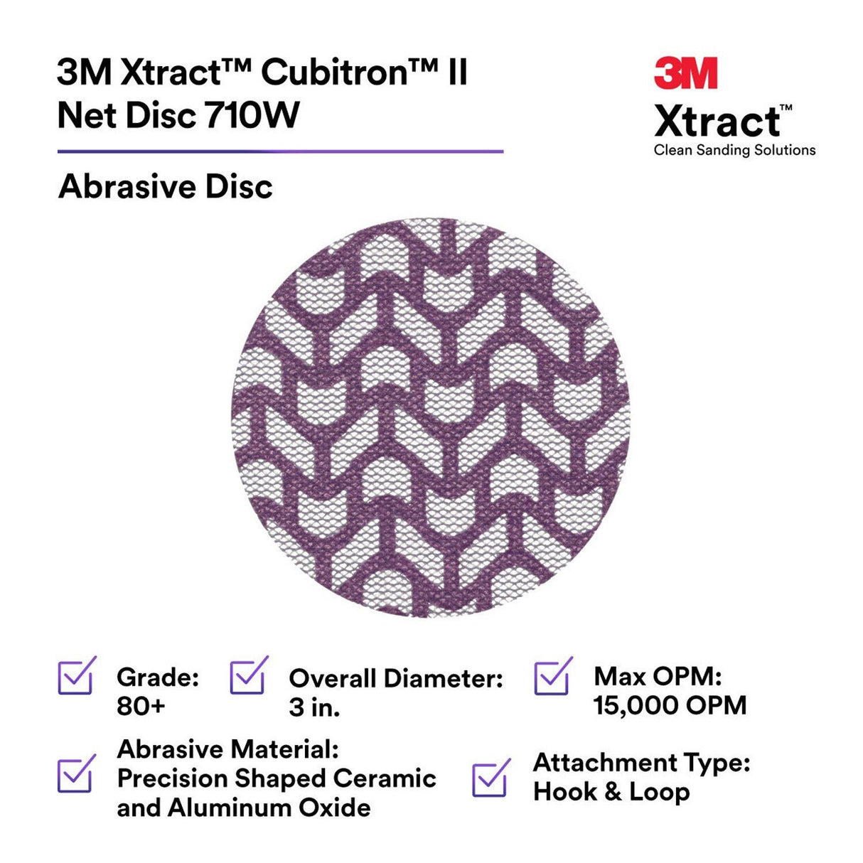 3M 710W 88485 Cubitron II Hookit Clean Sanding Net Disc, 80+, Purple, 3 in, Die 300V (7100287538) (300 Pack) - 2