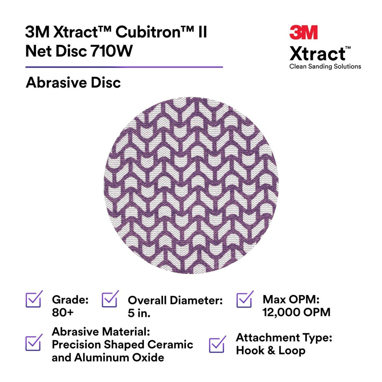 3M 710W Xtract Net Disc, 80+, Purple, 5 in x NH, Die 500X, Hook and Loop Sanding Disc (7100288128) (300 Pack) - 3