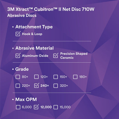 3M 710W Cubitron II Net Disc, 240+, 5 in x NH, Die 500X, Purple, Hook and Loop, Virtually Dust-Free (7100288133) (300 Pack) - 2
