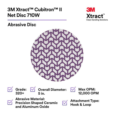 3M 710W Cubitron II Hookit Net Disc, 320+, 5 in x NH, Die 500X, Purple (7100288134) (300 Pack) - 2