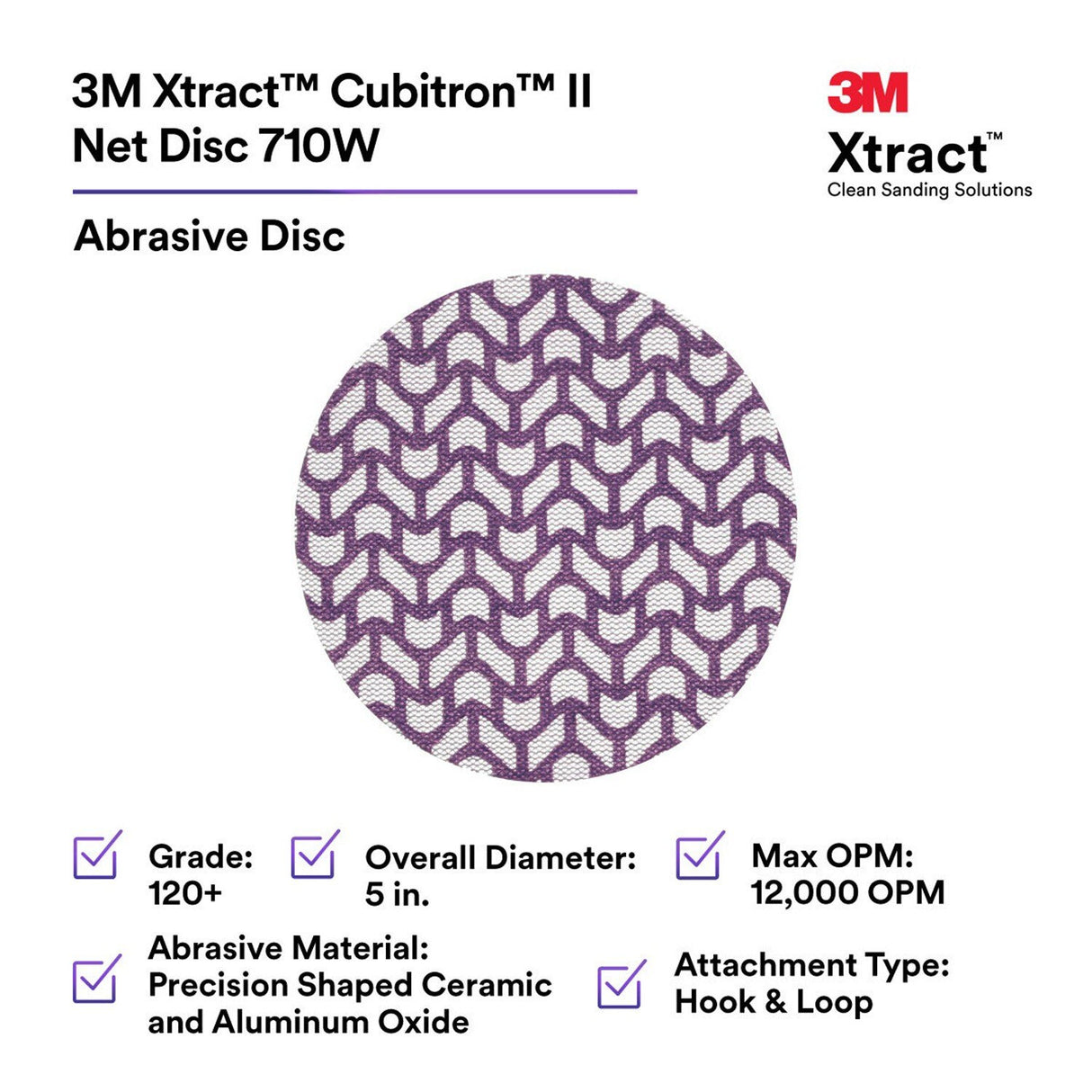 3M 710W Xtract Net Disc, 120+, 5 in x NH, Die 500X, Hook & Loop, Purple (7100288225) (300 Pack) - 2