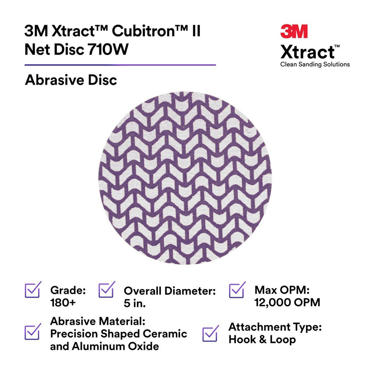 3M 710W 88473 Cubitron II Hookit Xtract Net Disc, 180+, Purple, 5 in, Die 500X (7100288231) (300 Pack) - 3