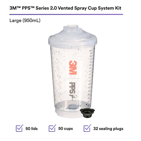 3M 26264 PPS Series 2.0 Vented Spray Cups Kit, Large (32.1 fl oz, 950 ml), 200 Micron Filter (7100292052) - 2