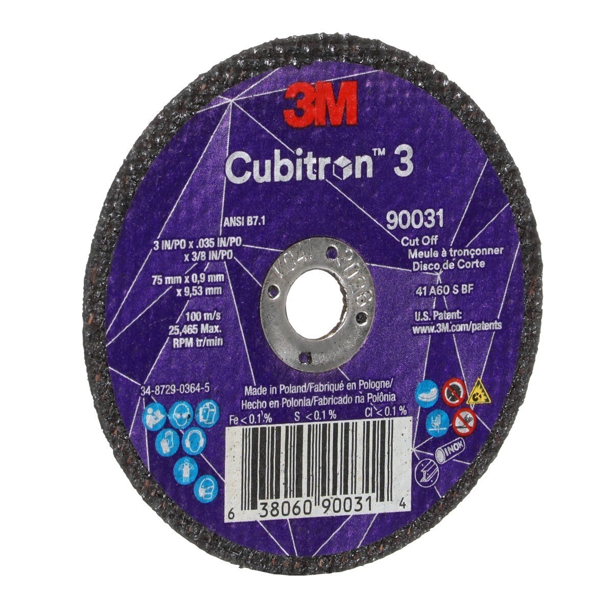 3M 90031 Cubitron 3 Cut-Off Wheel, 60+, T1, 3 in x 0.035 in x 3/8 in (75 x 0.9 x 9.53 mm), ANSI (7100303859) (50 Pack) - 3