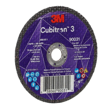 3M 90031 Cubitron 3 Cut-Off Wheel, 60+, T1, 3 in x 0.035 in x 3/8 in (75 x 0.9 x 9.53 mm), ANSI (7100303859) (50 Pack) - 3