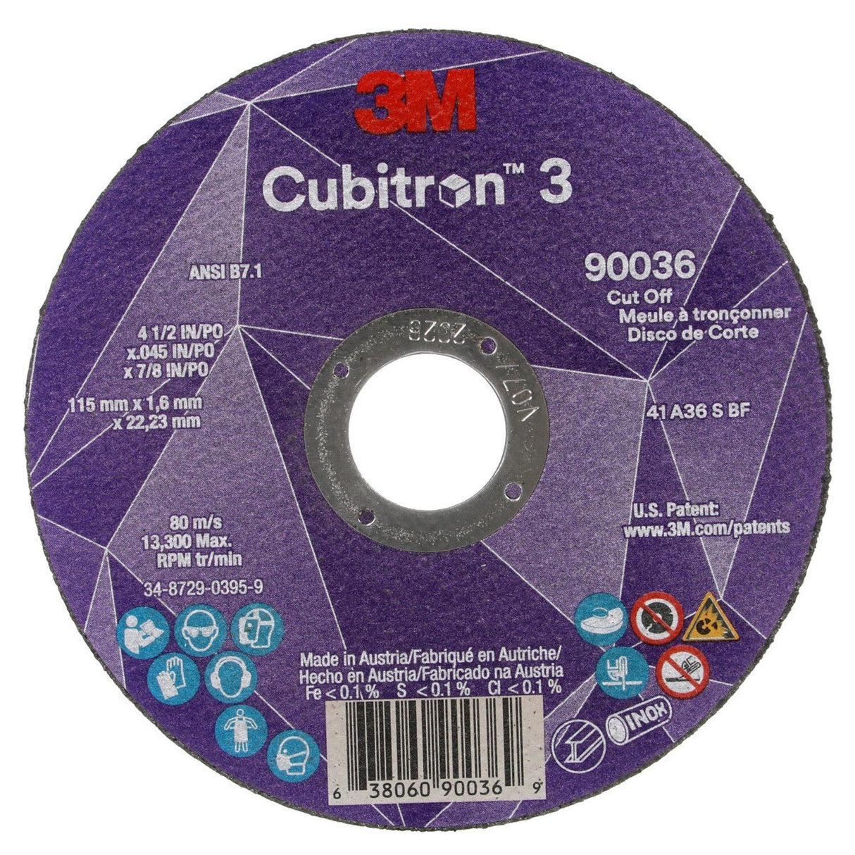 3M 90036 Cubitron Cut-Off Wheel, 36+, T1, Black, 4-1/2 in x 1/8 in x 7/8 in, ANSI (7100304006) (50 Pack)