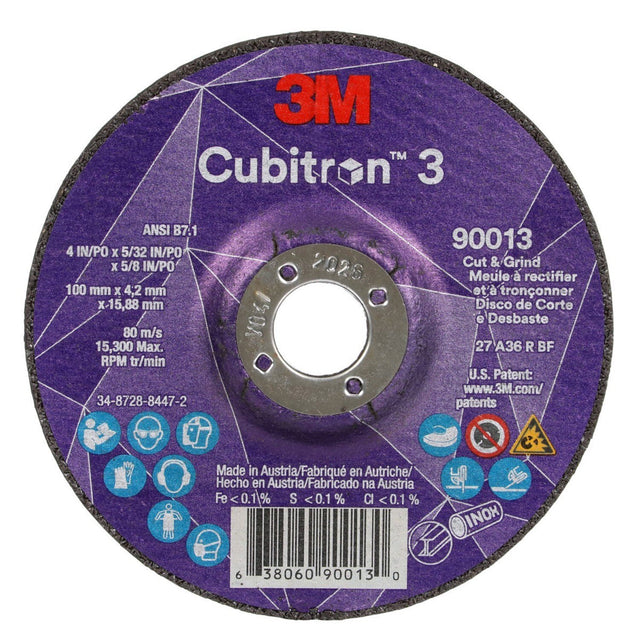3M 90013 Cubitron 3 Cut and Grind Wheel, 36+, T27, Black, 4 in x 5/32 in x 5/8 in (7100305443) (20 Pack)