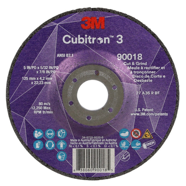 3M 90018 Cubitron Cut and Grind Wheel, 36+, T27, Black, 5 in x 5/32 in x 7/8 in (7100305444) (20 Pack)