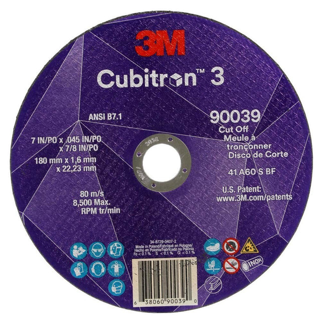 3M 90039 Cubitron 3 Cut-Off Wheel, 7 in x 0.045 in x 7/8 in, 60+ Grit, ANSI B7.1, Precision Shaped Grain for Metal and Stainless (7100313189)  - (50Pack)