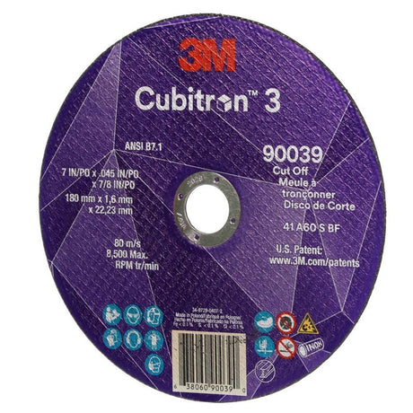 3M 90039 Cubitron 3 Cut-Off Wheel, 7 in x 0.045 in x 7/8 in, 60+ Grit, ANSI B7.1, Precision Shaped Grain for Metal and Stainless (7100313189)  - (50Pack) - 2