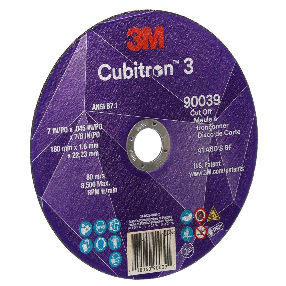 3M 90039 Cubitron 3 Cut-Off Wheel, 7 in x 0.045 in x 7/8 in, 60+ Grit, ANSI B7.1, Precision Shaped Grain for Metal and Stainless (7100313189)  - (50Pack) - 3