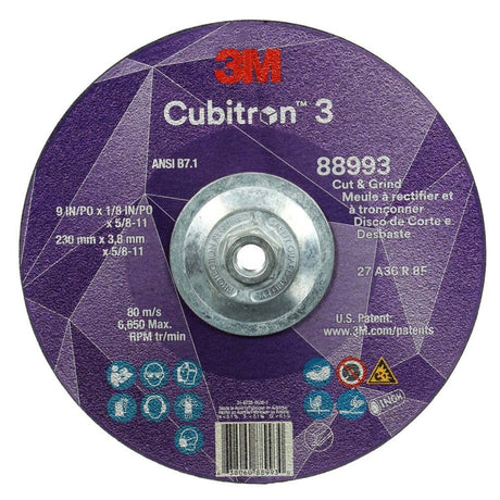 3M 88993 Cubitron 3 Cut and Grind Wheel, 36+ Grit, Type 27, 9 in x 1/8 in x 5/8 in-11 Thread, ANSI Rated for Cutting and Grinding (7100313197) (10 Pack)
