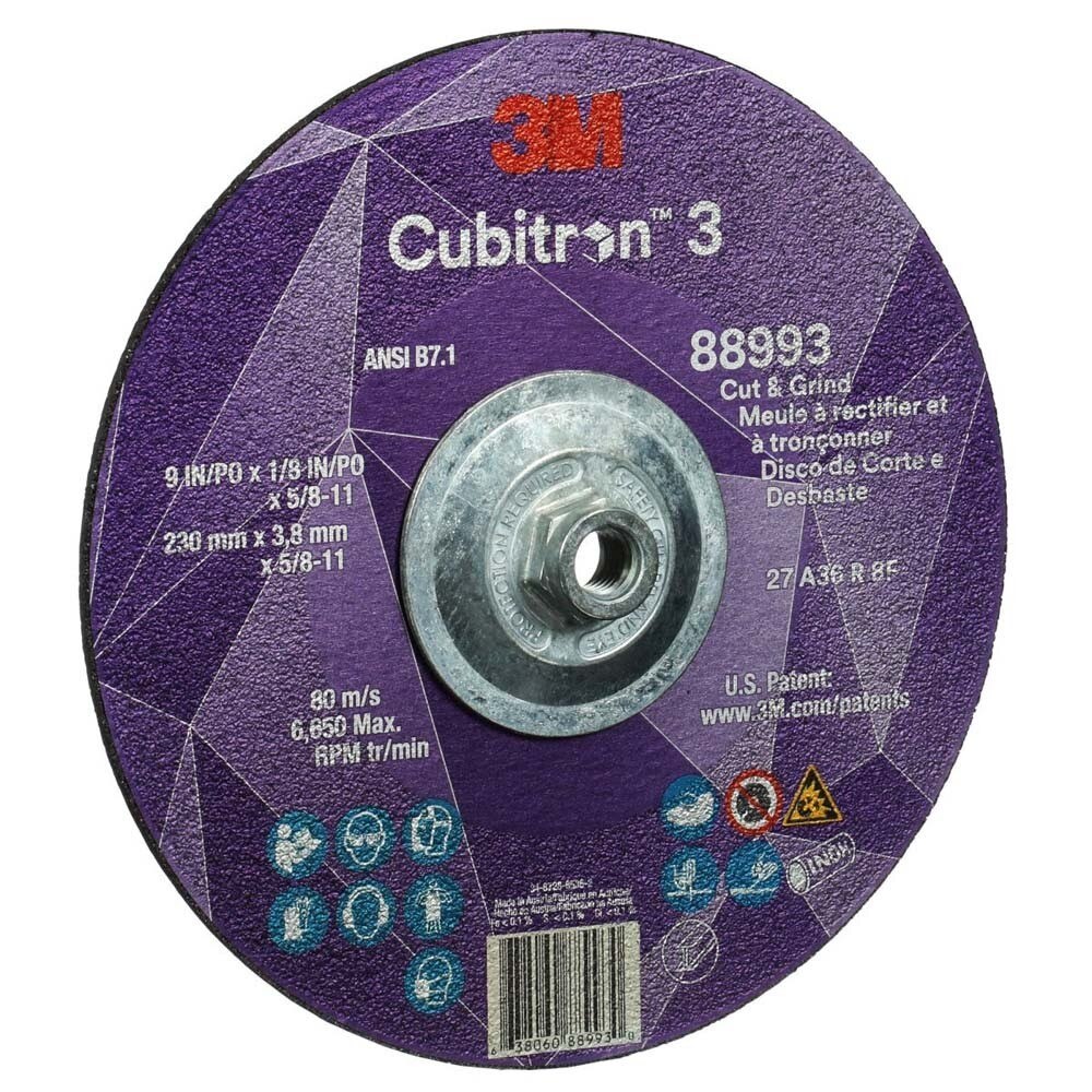 3M 88993 Cubitron 3 Cut and Grind Wheel, 36+ Grit, Type 27, 9 in x 1/8 in x 5/8 in-11 Thread, ANSI Rated for Cutting and Grinding (7100313197) (10 Pack) - 2