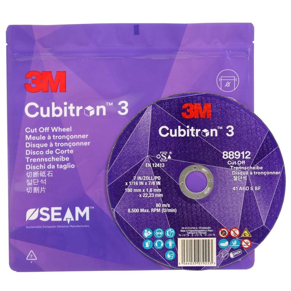 3M 88993 Cubitron 3 Cut and Grind Wheel, 36+ Grit, Type 27, 9 in x 1/8 in x 5/8 in-11 Thread, ANSI Rated for Cutting and Grinding (7100313197) (10 Pack) - 9