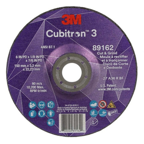 3M 89162 Cubitron 3 Cut and Grind Wheel, 36+, T27, 6 in x 1/8 in x 7/8 in (150 x 3.2 x 22.23 mm), ANSI (7100313586)