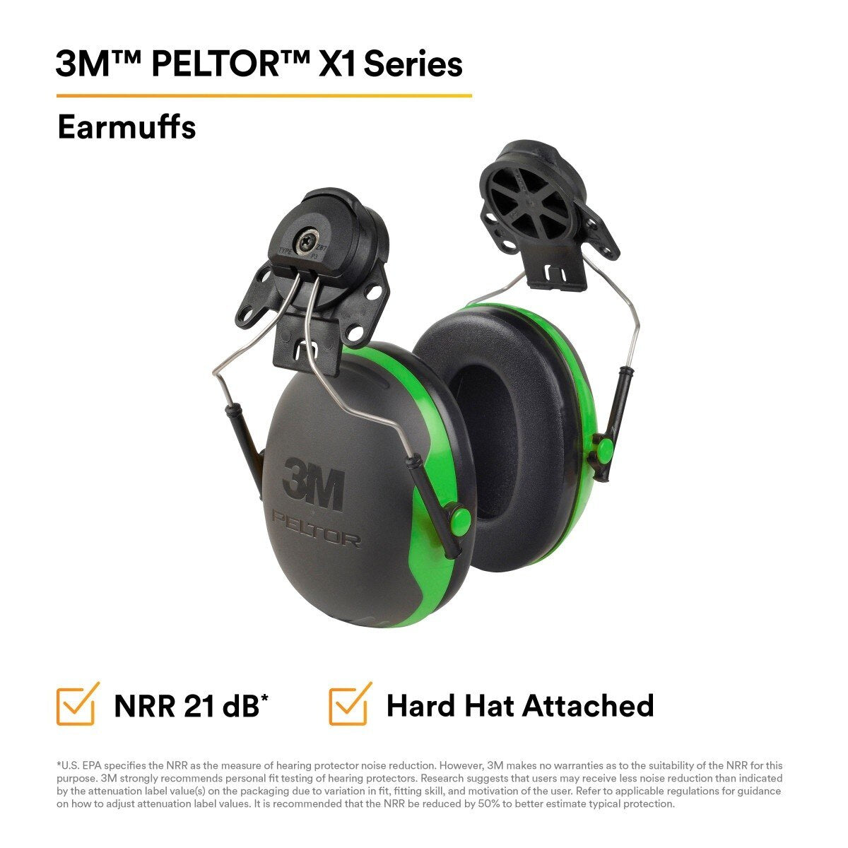 3M X1P3E PELTOR Helmet Attached Earmuffs, NRR 21 dB, Cap Style Hard Hat Compatible, Black/Green (7100315030) (1 Pair)  - (10 Pack) - 5