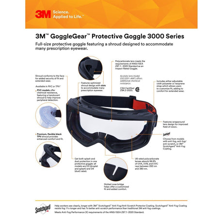 3M GG3101-AF GoggleGear Protective Goggle 3000 Series, Clear Anti-Fog Anti-Scratch Polycarbonate Lens, Cloth Strap, PVC Shroud (7100325034) (1 Pair)  - (10 Pack) - 2