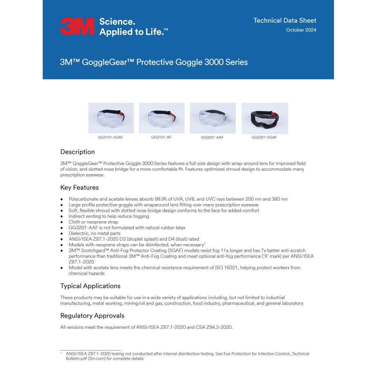3M GG3101-AF GoggleGear Protective Goggle 3000 Series, Clear Anti-Fog Anti-Scratch Polycarbonate Lens, Cloth Strap, PVC Shroud (7100325034) (1 Pair)  - (10 Pack) - 9