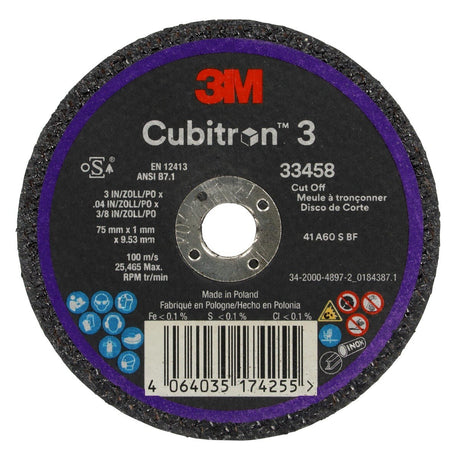 3M 33458 Cubitron Cut-Off Wheel, Precision Shaped Ceramic, Black, 75 mm x 1 mm x 9.53 mm (3 in x 1/8 in x 3/8 in) (7100333672) (30 Pack)
